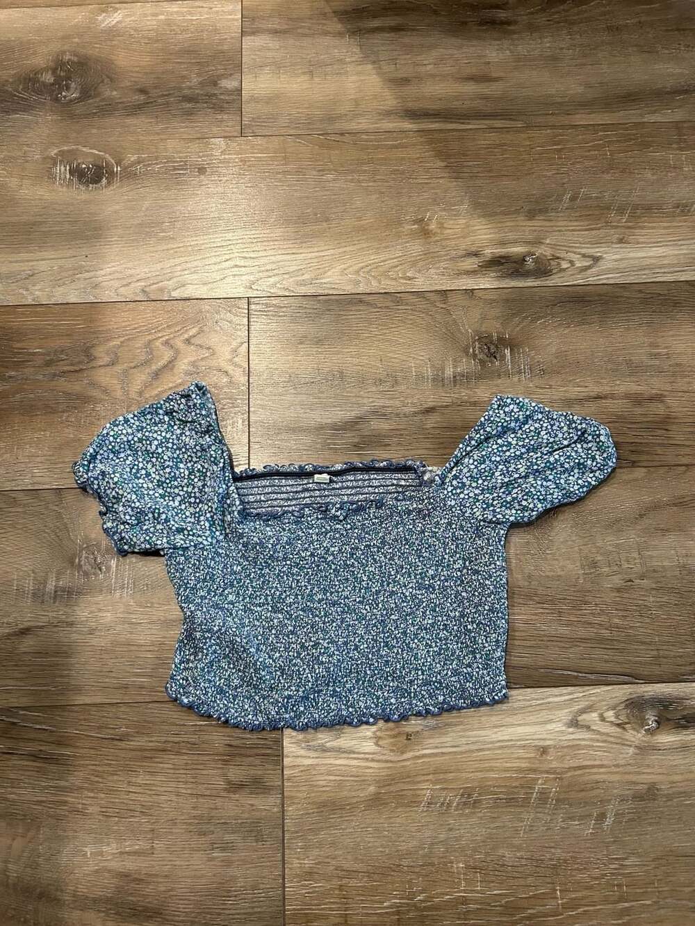 Aerie Blue and Green Smocked Floral Puff Sleeve Crop Top